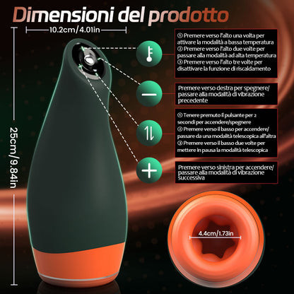 Warming - Masturbatore maschile 2-in-1 telescopico con vibrazione che simula la temperatura della cavità orale